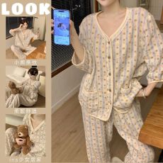 批发睡衣女春秋季可爱<b class='q'>小熊</b>拼接蕾丝v领九分袖长裤休闲网红家居服套装