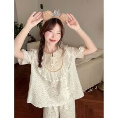 批发韩版ins公主风睡衣女夏季<b class='q'>碎花</b>云朵棉短袖长<b class='q'>裤</b>蕾丝花边家居服套装
