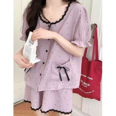 批发韩版ins<b class='q'>圆点</b>睡衣女2026年夏季新款圆领蕾丝花边家居服套装可外穿