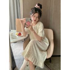 批发韩版ins碎花睡裙女夏季简约休闲短袖中长连衣裙小清新家居服薄款