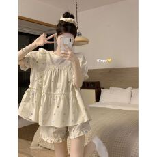 批发新款睡衣女夏季短袖<b class='q'>可爱</b>小清新圆领碎花荷叶边甜美家居服宽松套装