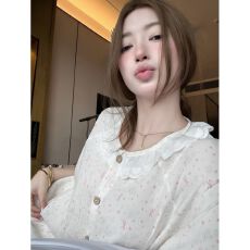 批发清新甜美<b class='q'>蕾丝</b>花边星星睡衣女夏季薄款圆领短袖开衫家居服两件套装