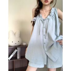 批发无袖睡衣女夏季背心<b class='q'>短</b>裤韩版ins纯色甜美家居服套装学生可外穿薄