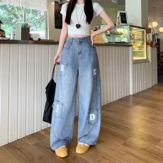 批发实拍实价~美式复古水洗多口袋弯刀<b class='q'>裤子</b>做旧宽松牛仔裤印花长裤女