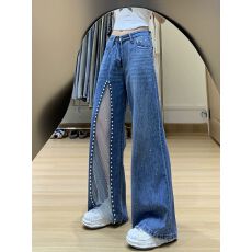 批发设计感<b class='q'>镶钻</b>蕾丝拼接<b class='q'>牛仔裤</b>女2025早秋新款宽松显瘦阔腿裤拖地裤子