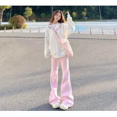 批发现货】粉色喇叭裤女秋<b class='q'>冬</b>2025新高腰加绒卫裤微喇运动裤休闲裤韩版