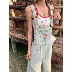 批发复古童趣风牛仔背带裤女2025新款设计感显瘦宽松慵懒风工装拖地裤