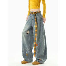 批发美式卡通毛巾绣弯刀<b class='q'>牛仔裤</b>女<b class='q'>男</b>秋季小众设计感阔腿裤baggy镰刀裤