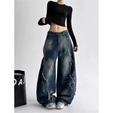 批发美式水洗刺绣弯刀<b class='q'>牛仔裤</b>子2025秋季新款街头hiphop痞帅<b class='q'>女生</b>阔腿裤