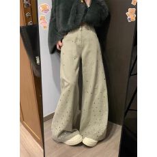 批发设计感重工<b class='q'>烫钻</b>高腰直筒<b class='q'>牛仔裤</b>女2025秋季新款垂感宽松阔腿裤