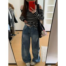 批发潮牌美式廓形弯刀<b class='q'>牛仔裤</b><b class='q'>男</b>女高街设计感裤子水洗直筒阔腿长裤