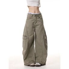 批发美式复古侧边大口袋褶皱工装裤<b class='q'>男</b>女宽松解构牛仔直筒长裤潮青少年