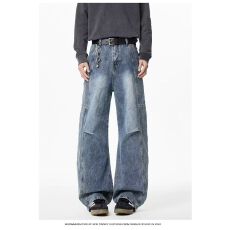 批发<b class='q'>男</b>道美式复古打褶水洗<b class='q'>牛仔裤</b><b class='q'>男</b>女解构阔腿弯刀裤宽松直筒休闲裤