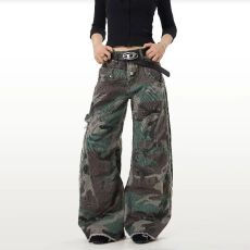 批发美式复古高腰迷彩工装<b class='q'>牛仔裤</b>女秋冬高街设计感直筒宽松显瘦阔腿裤