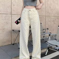 批发提花设计直筒<b class='q'>牛仔裤</b>女2025秋冬新款高腰百搭欧货窄版阔腿白色裤子