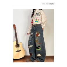批发美式时尚高级感卡通刺绣个性潮流休闲拖地阔脚裤水洗<b class='q'>牛仔裤</b><b class='q'>男</b>女款