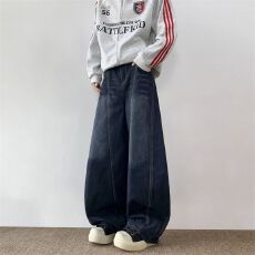 批发蓝色水洗阔腿<b class='q'>牛仔裤</b><b class='q'>男</b>春秋季baggy潮牌宽松休闲百搭做旧直筒裤
