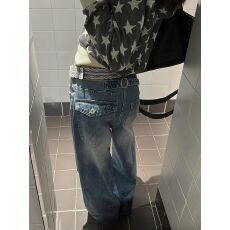 批发美式复古水洗做旧阔腿牛仔<b class='q'>裤</b>男女款设计感宽松显瘦坠感休闲拖地<b class='q'>裤</b>