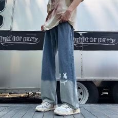 批发加绒加厚新款渐变<b class='q'>牛仔裤</b><b class='q'>男</b>高街潮笑脸涂鸦复古<b class='q'>牛仔裤</b>宽松直筒阔腿