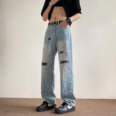 批发美式腰果花高街破洞牛仔裤男款水洗做旧微喇长裤<b class='q'>修身</b>显瘦休闲裤子