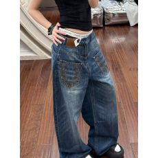 批发2025新款水洗<b class='q'>牛仔裤</b><b class='q'>男</b>女美式深蓝色宽松直筒复古美式高街休闲裤子