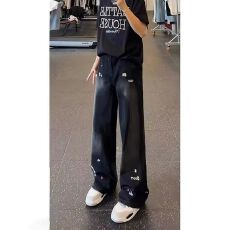 批发美式高街腰带徽章印花<b class='q'>牛仔裤</b>宽松百搭阔腿裤<b class='q'>男</b>女拖地长裤子