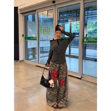 批发】美式<b class='q'>街头</b>迷彩休闲裤女秋季星星印花阔腿裤子bf宽松拖地长裤