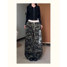 批发美式复古<b class='q'>街头</b>字母印花迷彩宽松直筒休闲长裤女阔腿百搭卫裤