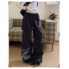 批发美式复古做旧印花运动卫裤女<b class='q'>街头</b>宽松垂感休闲阔腿裤子