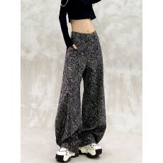 批发加绒加厚炫酷印花设计<b class='q'>牛仔</b>弯刀裤<b class='q'>女</b>冬高腰宽松显瘦百搭直筒香蕉裤