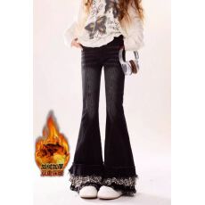 批发加绒加厚辣妹格子微喇<b class='q'>牛仔</b>裤<b class='q'>女</b>款黑色长裤高腰修身喇叭裤<b class='q'>长</b>裤潮