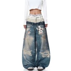 批发美式复古3D打印双腰头做旧<b class='q'>牛仔裤</b><b class='q'>男</b>女设计感宽松直筒裤