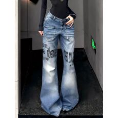 批发美式复古字母印花水洗微喇牛仔裤男女高街潮牌设计感阔腿拖地<b class='q'>长裤</b>