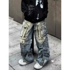 批发美式复古重工涂鸦多口袋工装牛仔裤女街头风宽松直筒阔腿长裤