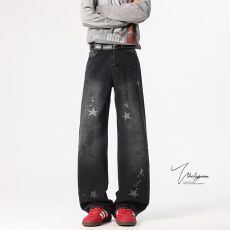 批发高街复古阔腿<b class='q'>牛仔裤</b><b class='q'>男</b>宽松直筒裤2025新款痞帅五角星贴皮拼接长裤