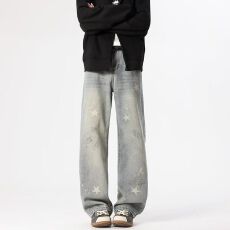 批发高街复古阔腿牛仔裤男宽松直筒裤2025新款痞帅五角星贴皮拼接长裤