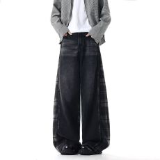 批发大码复古格纹撞色拼接阔腿牛仔裤男2025秋潮牌街头垂感显瘦拖地裤