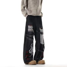 批发美式复古水洗做旧破洞牛仔裤阔腿直筒乞丐裤垂感宽松拖地裤