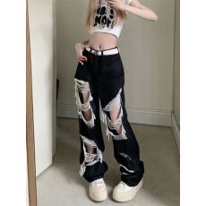 批发黑色乞丐裤破洞直筒牛仔裤男女秋季2025新款高腰显瘦宽松拖地裤子