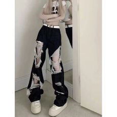 批发黑色乞丐裤破洞直筒<b class='q'>牛仔裤</b><b class='q'>男</b>女秋季2025新款高腰显瘦宽松拖地裤子