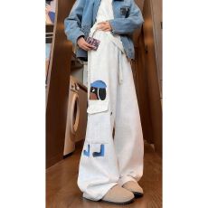 批发白花灰小狗刺绣微喇卫裤男款秋冬多口袋<b class='q'>休闲裤</b>子抽绳设计感运动裤