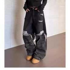巴黎风格高街做旧破坏拼接潮牌迷彩牛仔裤baggy宽松直筒阔腿长裤