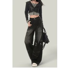 批发直筒<b class='q'>牛仔裤</b>男春季美式铆钉设计感阔腿裤子潮牌黑色宽松休闲裤