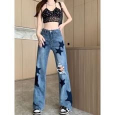 批发<b class='q'>韩版</b>炸街暗黑星星松紧腰牛仔裤男女潮秋季美式宽松直筒潮流长裤子