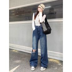 批发美式复古破洞背带牛仔裤<b class='q'>女</b>秋季新款小个子宽松阔腿直筒拖地长裤子