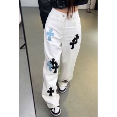 批发加绒加厚重工十<b class='q'>字</b>架刺绣高腰直筒牛仔<b class='q'>裤</b>女冬设计感宽松拖地阔腿<b class='q'>裤</b>