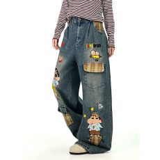 批发卡通刺绣格子口袋<b class='q'>牛仔</b>裤女2025秋新款童趣宽松bf韩系街头阔腿裤