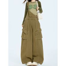 批发卡其色牛仔<b class='q'>背带裤</b><b class='q'>女</b>2025新款秋季飒酷风工装阔腿连体裤子