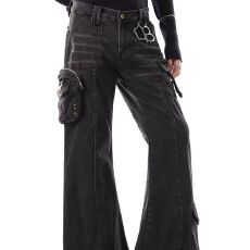 批发美式复古设计感多口袋做旧拼接<b class='q'>牛仔裤</b><b class='q'>男</b>宽松直筒阔腿高街工装裤子