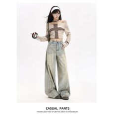 批发复古水洗做旧泼墨<b class='q'>牛仔裤</b><b class='q'>男</b>女潮牌高级感美式街头情侣宽松休闲裤子